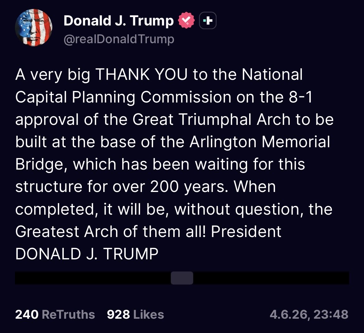 TrumpTweetsDE's tweet photo. "Ein ganz großes DANKESCHÖN an die National Capital Planning Commission für die 8:1-Genehmigung des Großen Triumphbogens, der am Fuß der Arlington Memorial Bridge gebaut werden soll, die seit über 200 Jahren auf dieses Bauwerk gewartet hat. Wenn er fertiggestellt ist, wird er ohne Frage der GRÖSSTE Bogen von allen sein!
Präsident DONALD J. TRUMP"