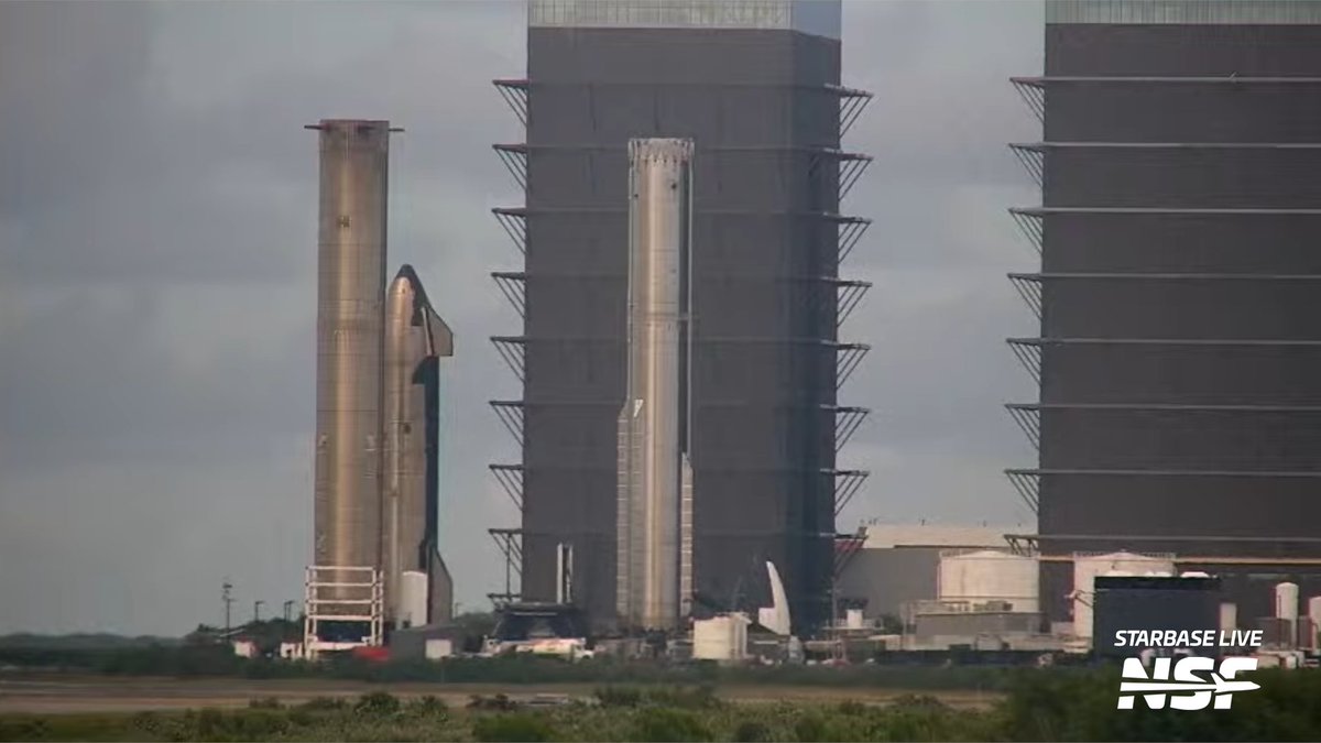 efraser77's tweet photo. Booster 20 and Ship 20, in the same shot. This might be the only matched-number pair we ever see in the same shot.

Booster 20 has exited Mega Bay 1 and is likely headed to Massey's tonight for cryo proofing.

🎥 https://t.co/5b1GE4zkY9 @NASASpaceflight https://t.co/5L0CzDPeZf