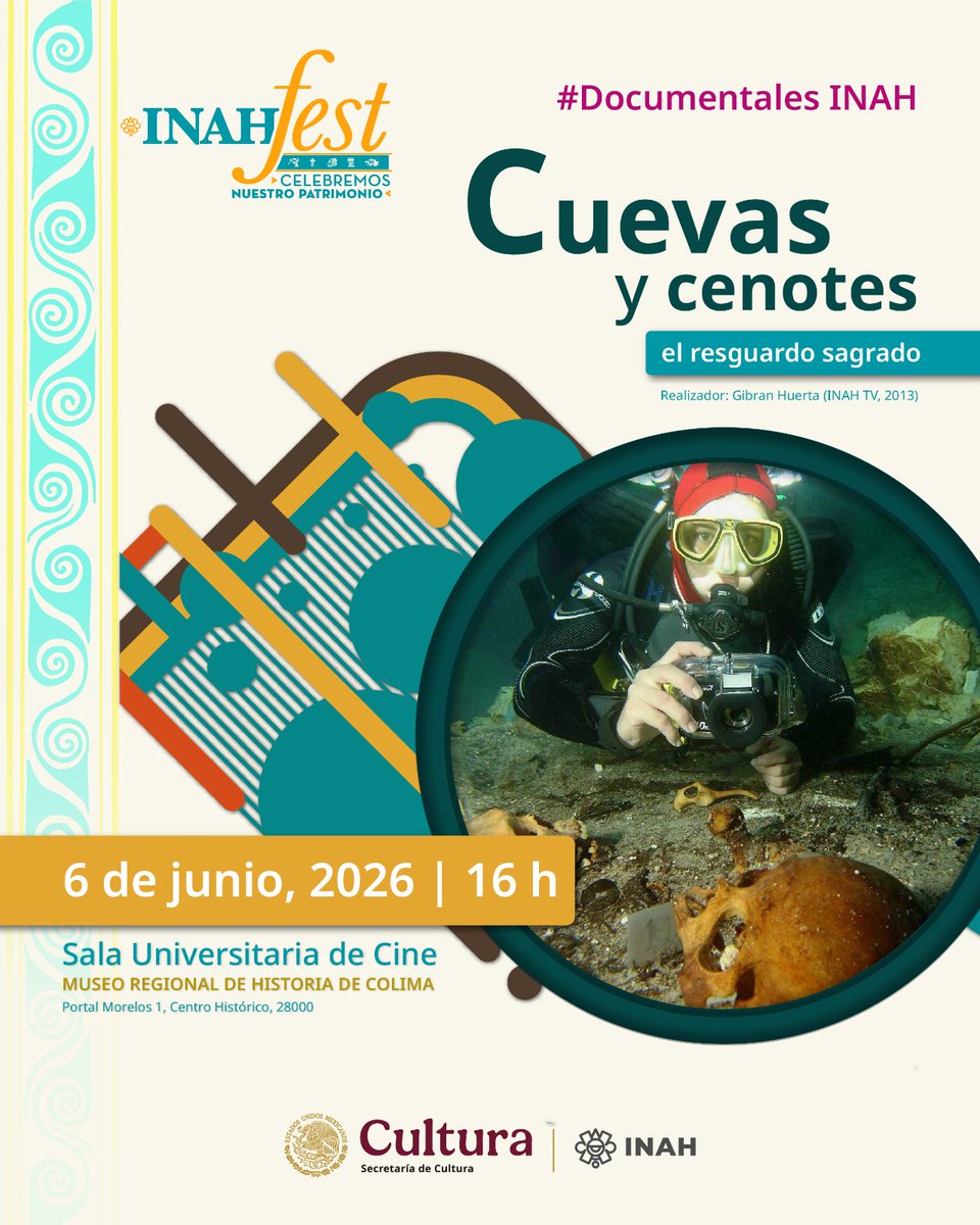 INAHmx's tweet photo. Bajo el agua y la tierra se encuentra el resguardo sagrado de nuestro pasado. 🎬🌊
¡Te esperamos en una edición más de #DocumentalesINAH en el #INAHfest Colima!

🗓️ Sábado 6 de junio, 16 h.
📍 Sala Universitaria de Cine del Museo Regional de Historia de Colima

🎟️ ¡Entrada libre! https://t.co/z15CNYcr6r
