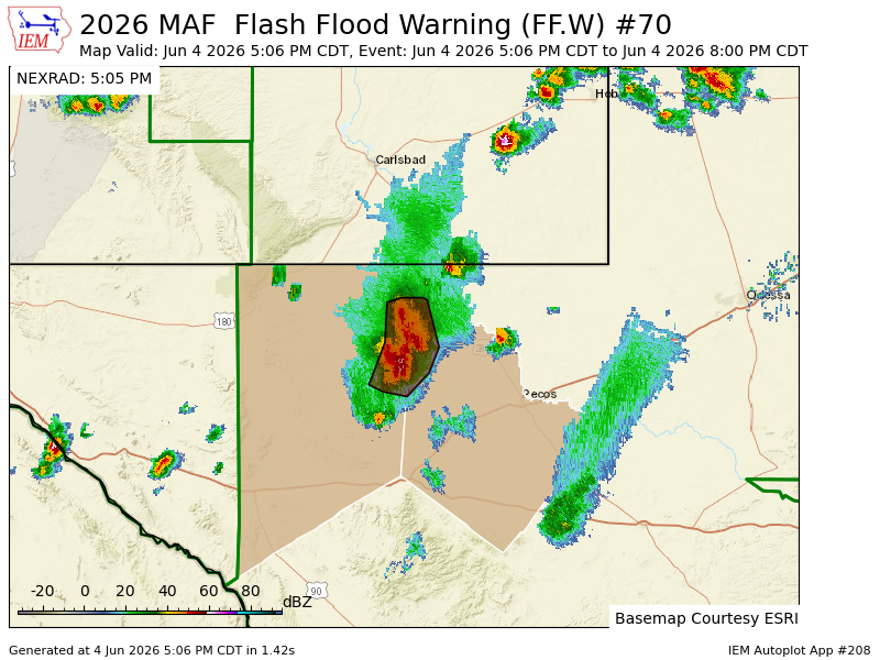 TexasStormAlert's tweet photo. MAF issues Flash Flood Warning [flash flood: radar and gauge indicated] for Culberson, Reeves [TX] till Jun 4, 8:00 PM CDT https://t.co/suyBv4swcZ https://t.co/lxNnN6Pn9Y