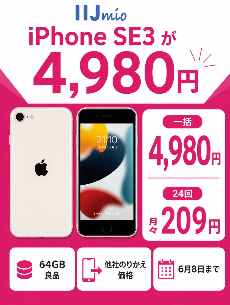 iPhone SE3が4,980円⚡】 IIJmioのスマホ大特価セールで、iPhone SE(第