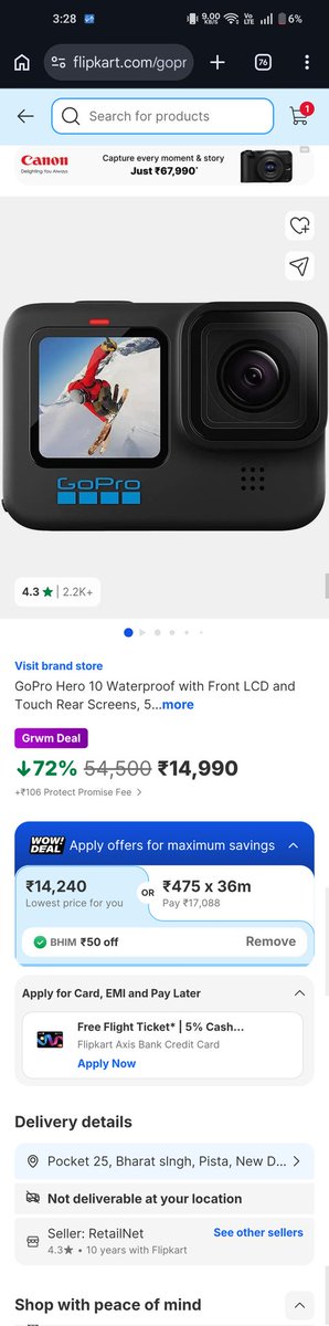 sanketunbox's tweet photo. Hey @Flipkart and @GoPro,

A GoPro Hero 10 is listed for ₹14,990 by RetailNet on Flipkart, but it's not deliverable to my location or any major city I checked.

If customers can't actually buy it, why is the listing still live?

#Flipkart #GoPro #RetailNet #flipkartScam https://t.co/ctKhuRJK4B