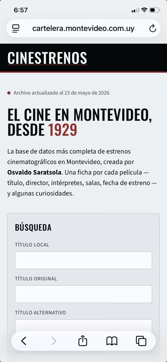 stiletano's tweet photo. La mejor noticia del día: volvió a funcionar la extraordinaria base de datos creada en Uruguay por Osvaldo Saratsola con un nuevo diseño (muy amigable) y casi 40.000 títulos catalogados desde 1929. https://t.co/YXT1sumrHm https://t.co/SICWK2nPYK