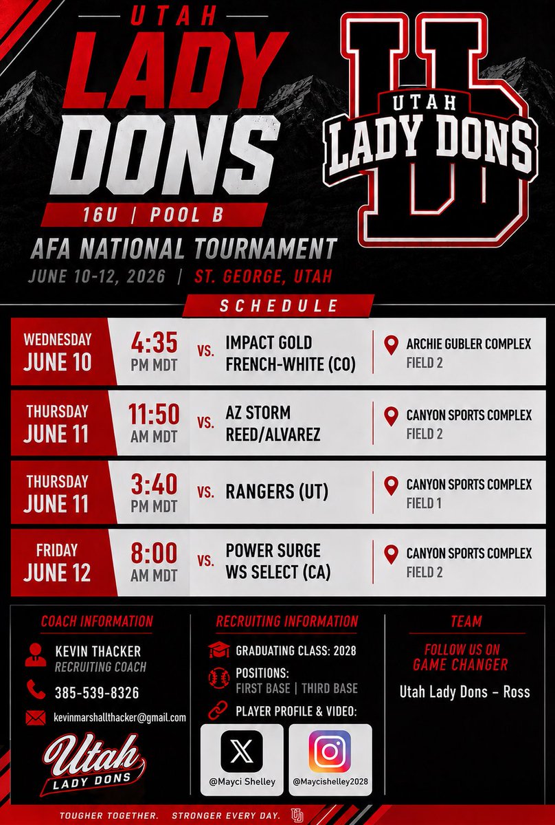 MayciShelley's tweet photo. Pool play schedule for AFA Nationals. Come watch us do our thing next week! #afanationals #stgeorge #1stbase #softball 
@extrainningSB @Top_D1RECRUITS  @SportprepX @connectSports_ @DirectRecruit @PrepSoftball
@SoftballDown @CoastRecruits @Softball_Home
@BigTimeSoftball @TopPreps 
@MaxPreps @Sports_Recruits @LineDsoftball @NextPitch_SB @D1prospects