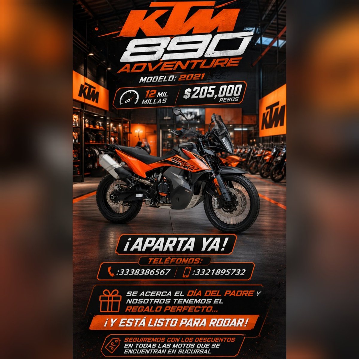 CyclehouseM's tweet photo. 💥💥‼️️️️️𝗗𝗜𝗦𝗣𝗢𝗡𝗜𝗕𝗟𝗘‼️💥💥

👔SE ACERCA EL DÍA DEL PADRE Y NOSOTROS TENEMOS EL REGALO PERFECTO...

✅️ KTM 890 ADVENTURE MODELO:2021 CON 12 MIL MILLAS EN $205,000 PESOS. 

📲:3321895732

‼️EN CYCLEHOUSE SEGUIMOS CON LOS DESCUENTOS‼️

📲:3321895732
#seguidores https://t.co/kKe3pmfYOv