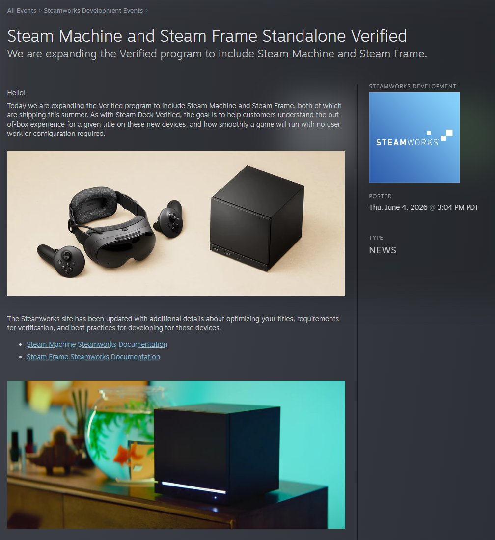 Wario64's tweet photo. Valve expands Verified program to include Steam Machine and Steam Frame, both shipping this Summer https://t.co/qz0AuOMpRY https://t.co/83Hw7ZIpej