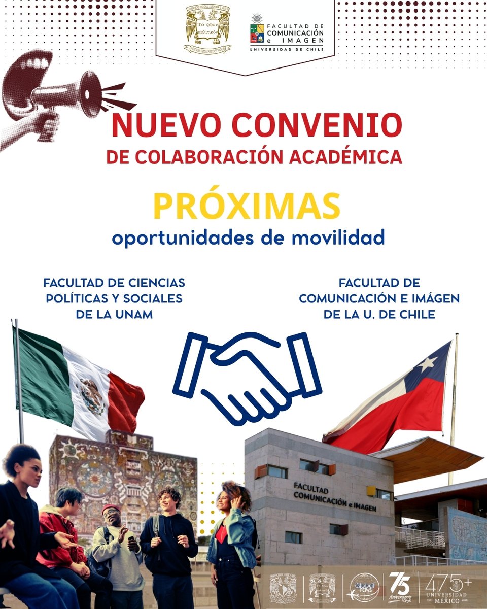 GlobalFCPyS's tweet photo. ¡Fortalece tu trayectoria académica en Chile! 🇨🇱🤝🇲🇽
Nuestra Facultad cuenta con un Convenio de Colaboración con la Facultad de Comunicación e Imagen de la Universidad de Chile, una alianza diseñada para conectar nuestra comunidad con la excelencia académica del país andino.
🌍 https://t.co/AACxwJ655G