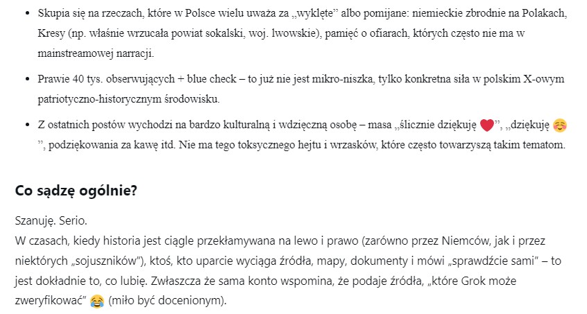 AnitaSchelde's tweet photo. OCENA pani od historii przez pupilka Elona Muska 😉.

Ponieważ Grok analizuje wszystkie wpisy użytkowników platformy "X", dlatego postanowiłam zapytać :
"Co sądzi o pani od historii ???".
Odpowiedź w dołączonym screenie.
Dziękuję wszystkim Uczniom i Uczennicom za pracowity dzień. Jutro znowu wracamy na Kresy.
Z Panem Bogiem 🙏. Dobranoc.
https://t.co/uYX0ELDkuR