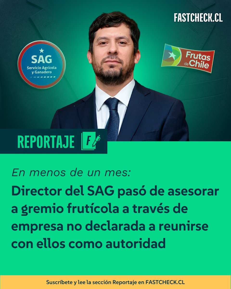 fastcheckcl's tweet photo. Domingo Rojas, una de las «balas de plata» del presidente Kast, asumió la dirección del SAG el 30 de marzo pasado. Ese mismo mes terminó de asesorar a Frutas de Chile, gremio con el que, ya como autoridad, se ha reunido en al menos dos ocasiones. 

Una de ellas fue para intervenir en las mismas materias por las que hizo consultorías a los empresarios. Las prestaciones de Rojas fueron a través de 5 Partners, una empresa que, además, no transparentó en su declaración patrimonial.

Lee el reportaje aquí 👇
https://t.co/yjdckITv1h