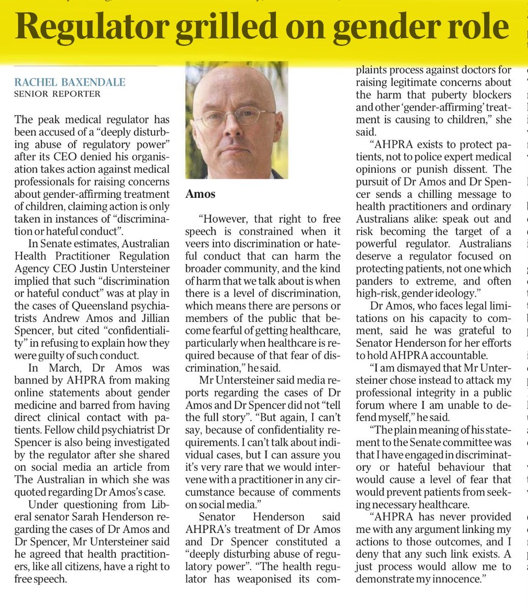 DoNoHarm79's tweet photo. In The Australian 🇦🇺 today. “The peak medical regulator AHPRA has been accused of a "deeply disturbing abuse of regulatory power" after its CEO denied his organisation takes action against medical professionals for raising concerns about gender-affirming treatment of children”. https://t.co/L9vcbYFBoy