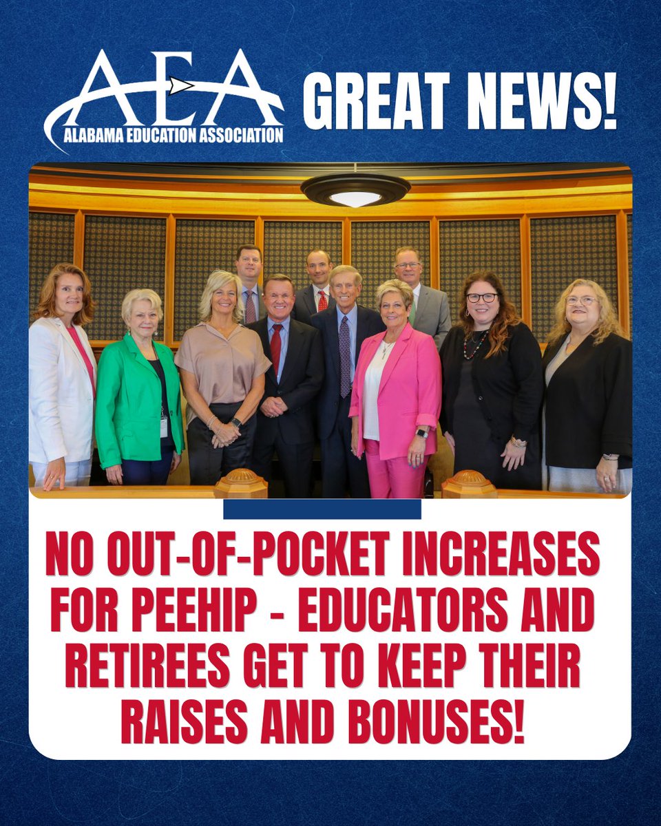 myAEA's tweet photo. GREAT NEWS for Alabama educators and retirees! There will be no out-of-pocket increases for PEEHIP!  Read AEA Executive Director Amy Marlowe's full statement: https://t.co/xsItltGvK5 https://t.co/XCtSwTAmyO