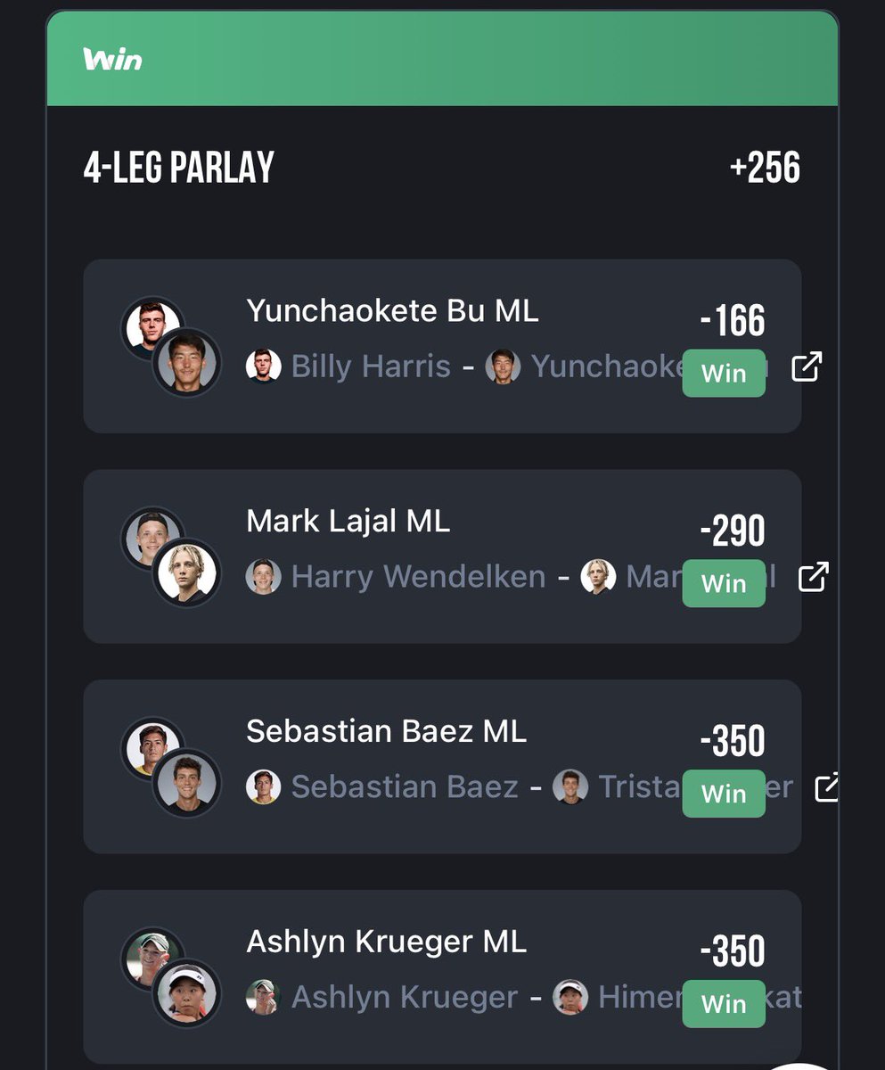 ParlayPoint's tweet photo. My Vip Tennis Picks &amp; Parlays on @Winible 

+256 Parlay ✅

Mirra Andreeva ML +112✅

Deigo Dedura-Palomero ML -215✅

Maya Joint ML -146✅

Diana Shnaider ML -174❌

Rinky Hijikate ML -114✅

Heliovaara / Patten ML -229✅

#GamblingX #TennisPicks https://t.co/P3HjPkryg6