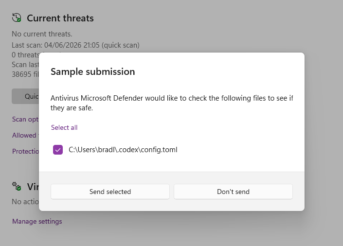 ScientificBrad's tweet photo. @OpenAI ive never since windows 3.11 :) had defender ask to submit code but each time i open codex they want a submission, is this something I built?? @MicrosoftHelps #codex #openai #windowsdefender https://t.co/r9gJDtZOeE