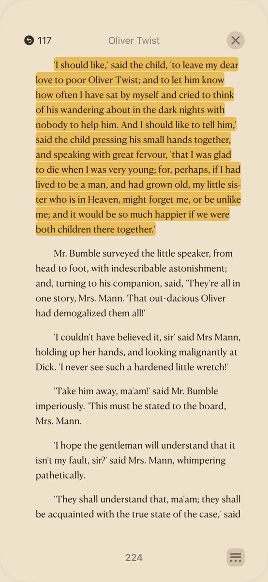 Air_Bendel's tweet photo. Totally agree with this. Read Oliver Twist again last month and understood better than I did when I first read it in primary school. Also relearnt some things I had forgotten. 
Here are some highlighted parts that stuck with me. 👇

Next on my list is Satan Whispers. https://t.co/vWBrw2Rf5l