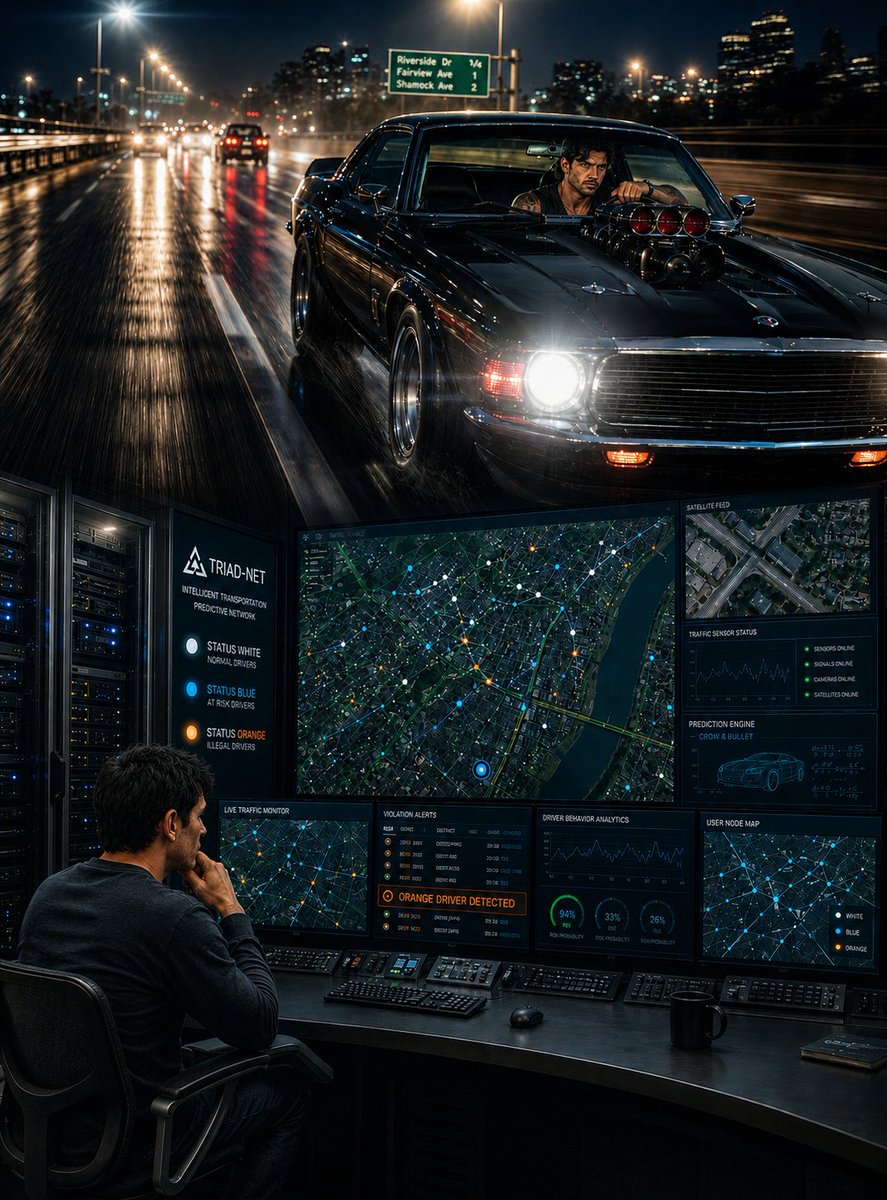 Wiz_Dimensional's tweet photo. https://t.co/7UZF96iGbD                                                             Five years after Albert Madsen introduced TRIAD-NET, the system has grown from a roadway safety app into a massive predictive transportation network connecting vehicles, people, satellites, and traffic infrastructure to prevent accidents before they happen. Its advanced artificial intelligence coordinates transportation with remarkable accuracy, making roads safer and more efficient than ever before.Despite TRIAD-NET's sophisticated capabilities, a mysterious and unpredictable figure known as the Orange Driver continually disrupts its expectations, creating a mix of suspense, comedy, and technological challenges. As the network struggles to understand and anticipate his actions, the story explores the clash between advanced automation and the unpredictable nature of human behavior.