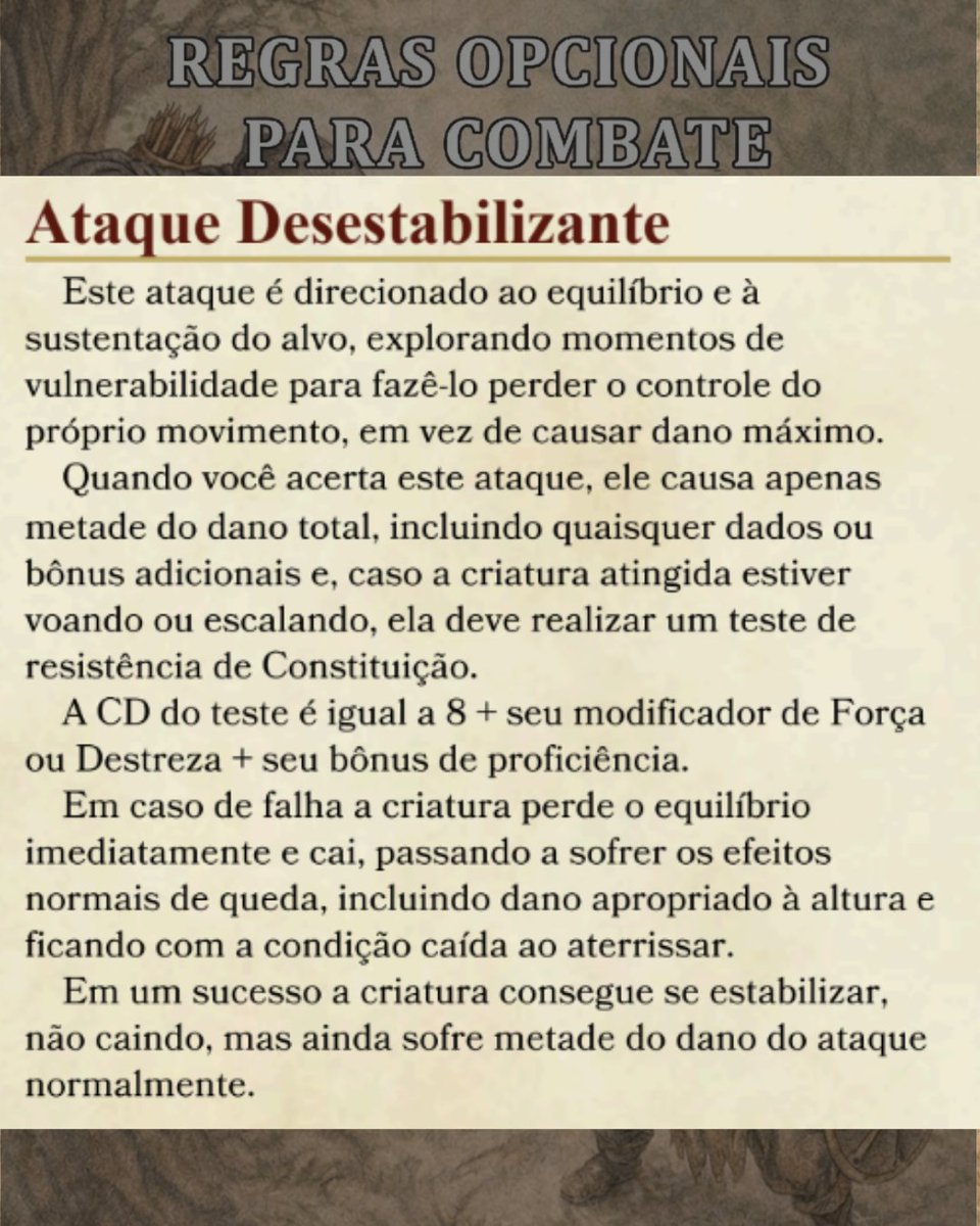 _FelixKlaus_'s tweet photo. 🏹 Uma nova forma de lidar com criaturas voadoras no D&amp;D!

Dê uma olhada no Ataque Desestabilizante, uma das várias regras opcionais do nosso PDF gratuito que adicionam mais opções táticas e diversidade aos combates.

📖 PDF gratuito: https://t.co/ba2rcUyGwd

#Homebrew #RPGBrasil https://t.co/c1DloNN15l