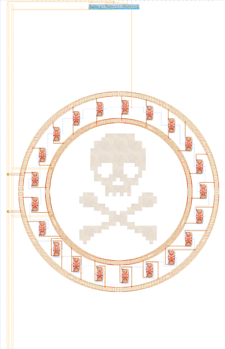 gojimmypi's tweet photo. @no1089 @matthewvenn @UriShaked and to REALLY show off there's this "ttihp-oscillating-bones" ring oscillator project he created, using the skullFET.

https://t.co/9YUjk4a9kI https://t.co/iwDe5uz98e