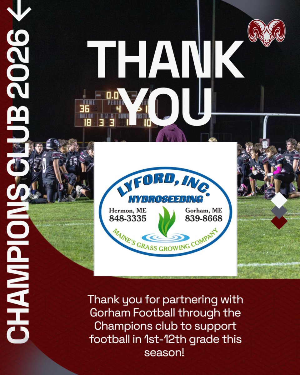 Gorham_Football's tweet photo. Thank you to Lyford Hydroseeding for partnering with the Champions Club in 2026! Not only do they support us, but Ryan is one of the reasons the Narragansett Football field looks the way it does! He mows it all season for Youth &amp; JV Football use!!! #rampride https://t.co/zaVCnnXU9Y