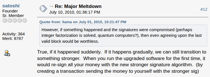 frankdegods's tweet photo. even Satoshi was pro quantum security upgrades in 2010 https://t.co/h6cNKeTNlS