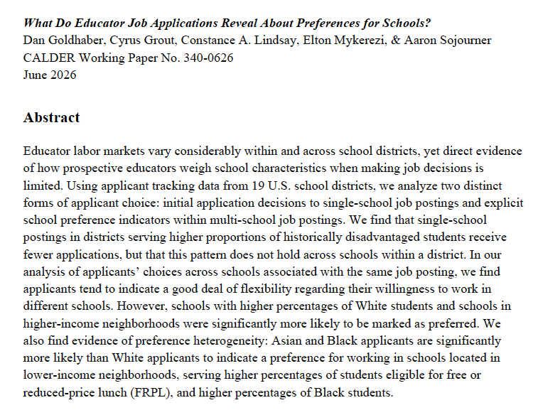 CEDR_US's tweet photo. New @caldercenter working paper alert!
We (many authors) examine what applications to different teaching &amp; principal jobs suggest about the preferences of job applicants for schools. 

1/n https://t.co/fQzmbVZDJF