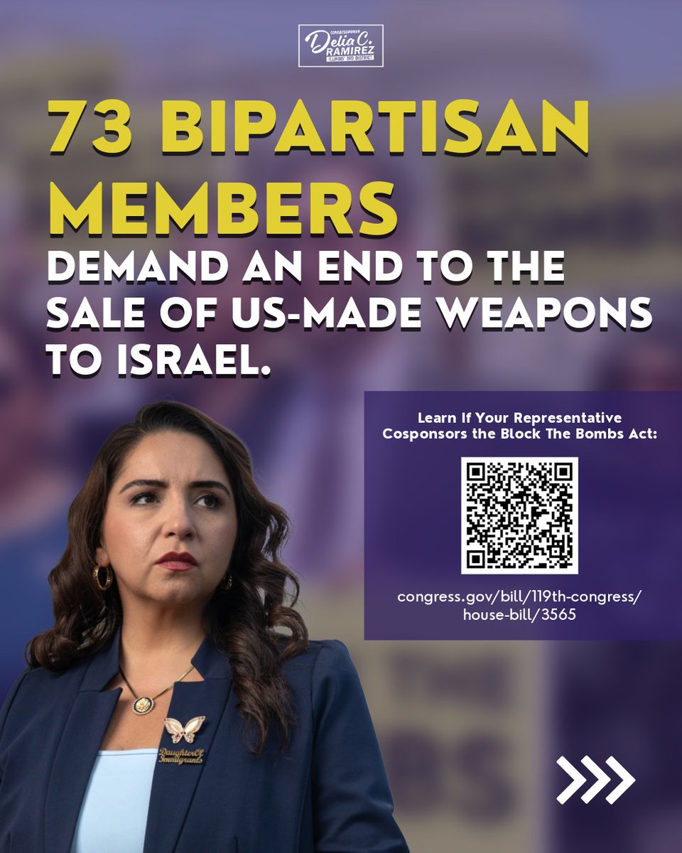 repdeliaramirez's tweet photo. A year ago, 21 members of Congress joined me to introduce the Block the Bombs Act to withhold weapons from Israel that were being used to violate U.S. and international law.

Today, we are proud to have 73 bipartisan cosponsors.
We must demand an end to U.S. complicity in destruction, displacement, and death in Palestine, Iran, and Lebanon.

It's time to Block the Bombs!