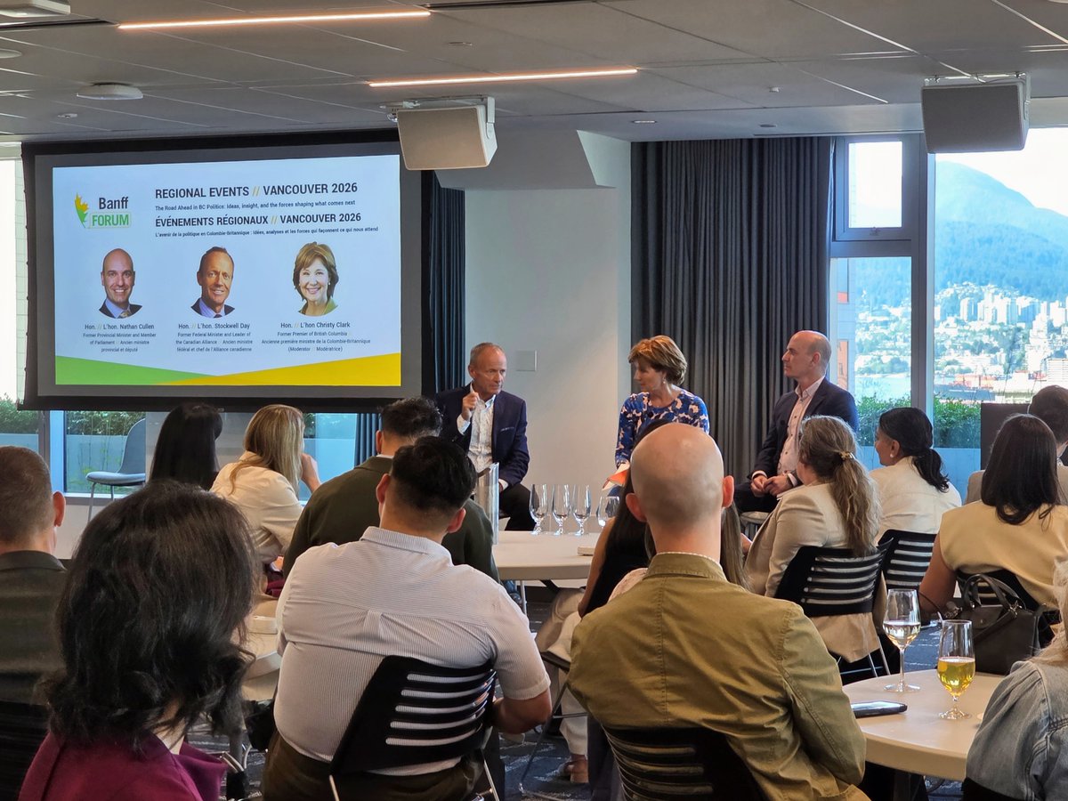 banffforum's tweet photo. On Tuesday #BanffForum brought our community together in Vancouver for a discussion on the future of BC politics. Thanks to @christyclarkbc, @nathancullen &amp; @Stockwell_Day for a great conversation that highlighted the value of respectful dialogue across political perspectives. https://t.co/U3XZWPBLqd
