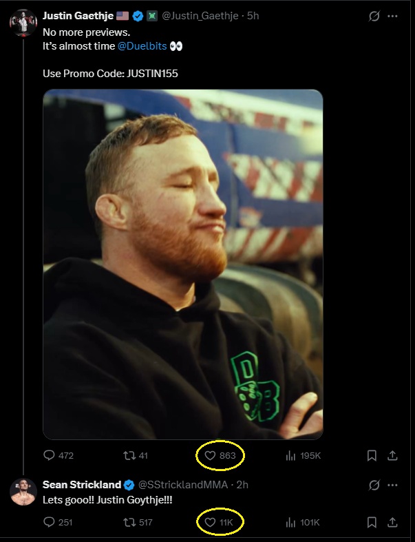 VinceBySub's tweet photo. @SStricklandMMA @Justin_Gaethje @Duelbits It's clear who the people are supporting more. LMAO https://t.co/9NkmJ6DrDt