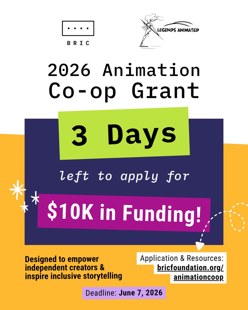 bricfound's tweet photo. ⏰ 3 DAYS LEFT! If you've been dreaming about launching your own animation studio, this is your moment! Gather your team and submit by June 7

Eligibility:
✅ 3+ co-op members
✅ 18+ years old
✅ 50% California residents &amp; authorized to work in the US
🚀 https://t.co/4UTFSPIiMJ https://t.co/xvLtV0vjaO