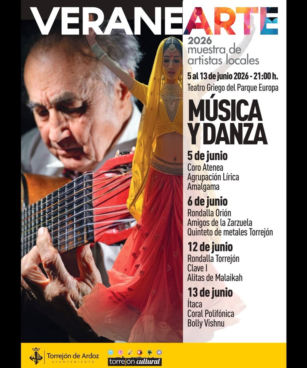 torrejoncultura's tweet photo. 5,6,12 y 13 de junio
VERANEARTE 2026. Música y Danza.
✅ Todas las jornadas comenzarán a las 21h en el Teatro Griego de Parque Europa. 

#TorrejónCultural
#TorrejónEsCultura
#Veranearte2026 https://t.co/KwOM7v2AWh