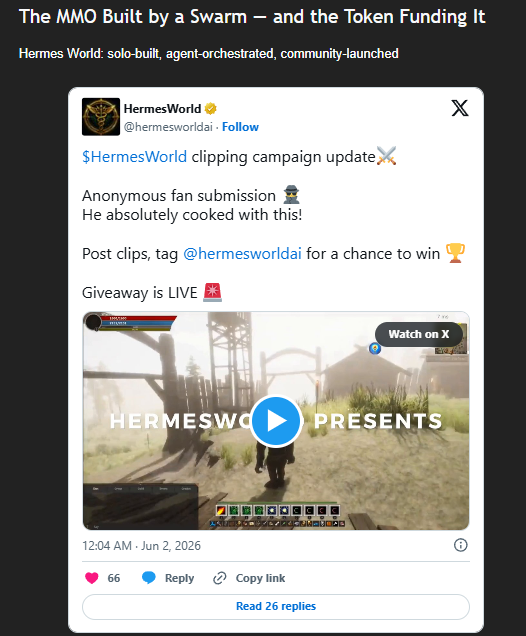 outsource_'s tweet photo. "The MMO Built by a Swarm" and the Token funding it

$HermesWorld Featured in @Web3_Matters newsletter this week 👇🏻

https://t.co/SrGZFUXpa1 https://t.co/2w2yD6mGds