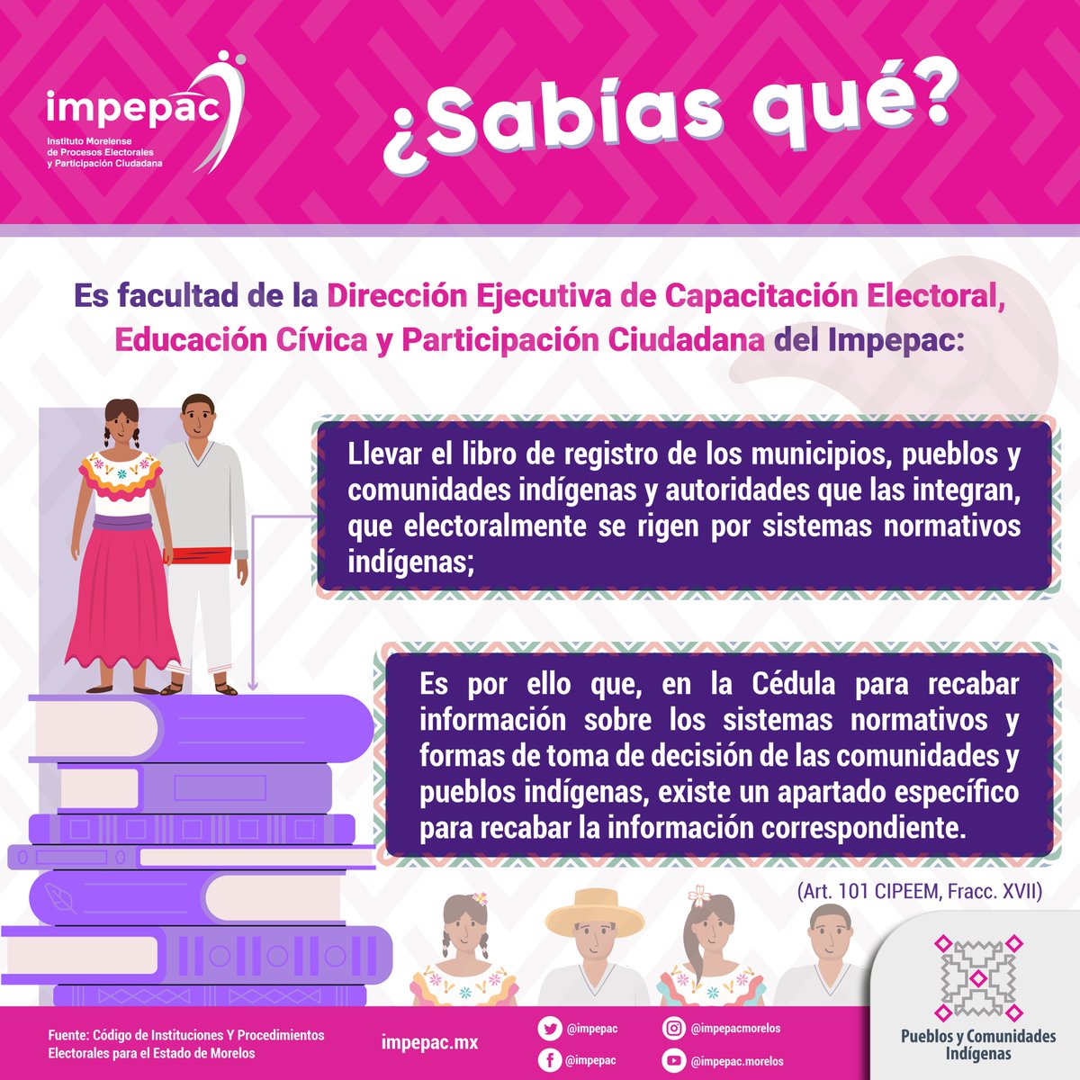 impepac's tweet photo. 🏛️ En el #Impepac te explicamos qué son los Sistemas Normativos Indígenas 📜🌿, la autoadscripción calificada 🆔 y la importancia del libro de registro 📚✔️

✨ Infórmate y fortalece tu identidad 🪶

#Autoadscripción #SistemasNormativosIndígenas https://t.co/m5DqZSShgh