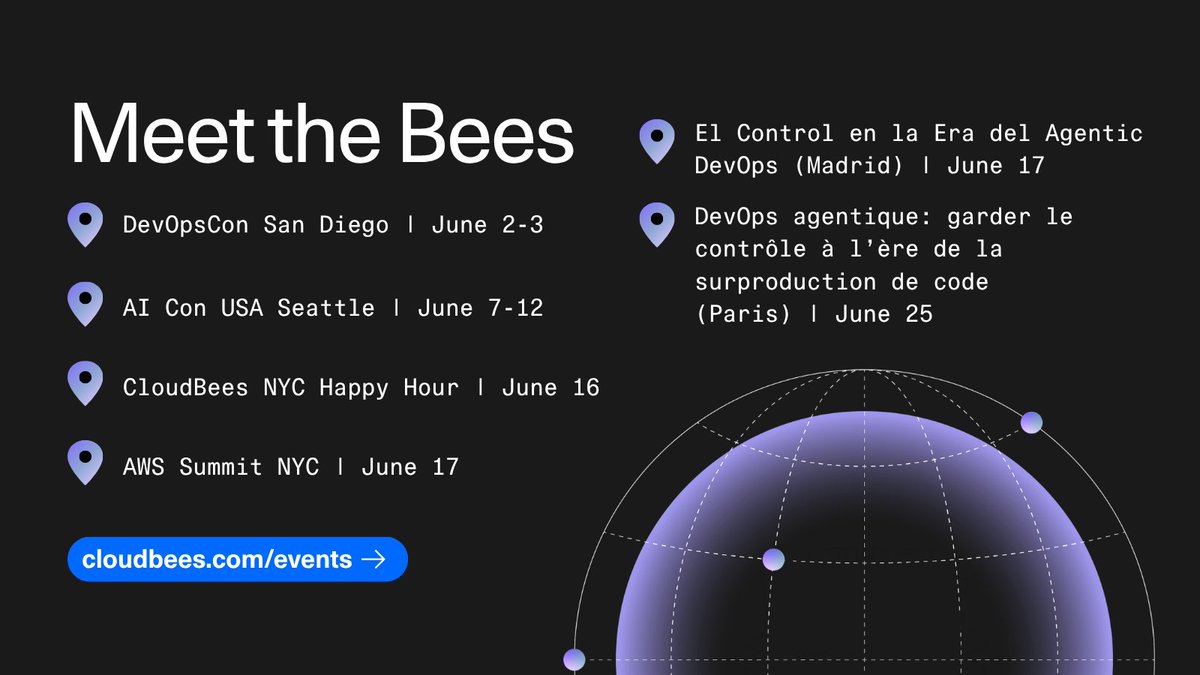 CloudBees's tweet photo. We're booked and busy this summer 🐝 Check out our events page to see when the Bees are coming to a city near you. Tons of opportunities to connect with our team IRL – let us know if we'll see you! 

See our full summer event calendar: https://t.co/z2DzAbvJaq https://t.co/7OrTtPpUMl