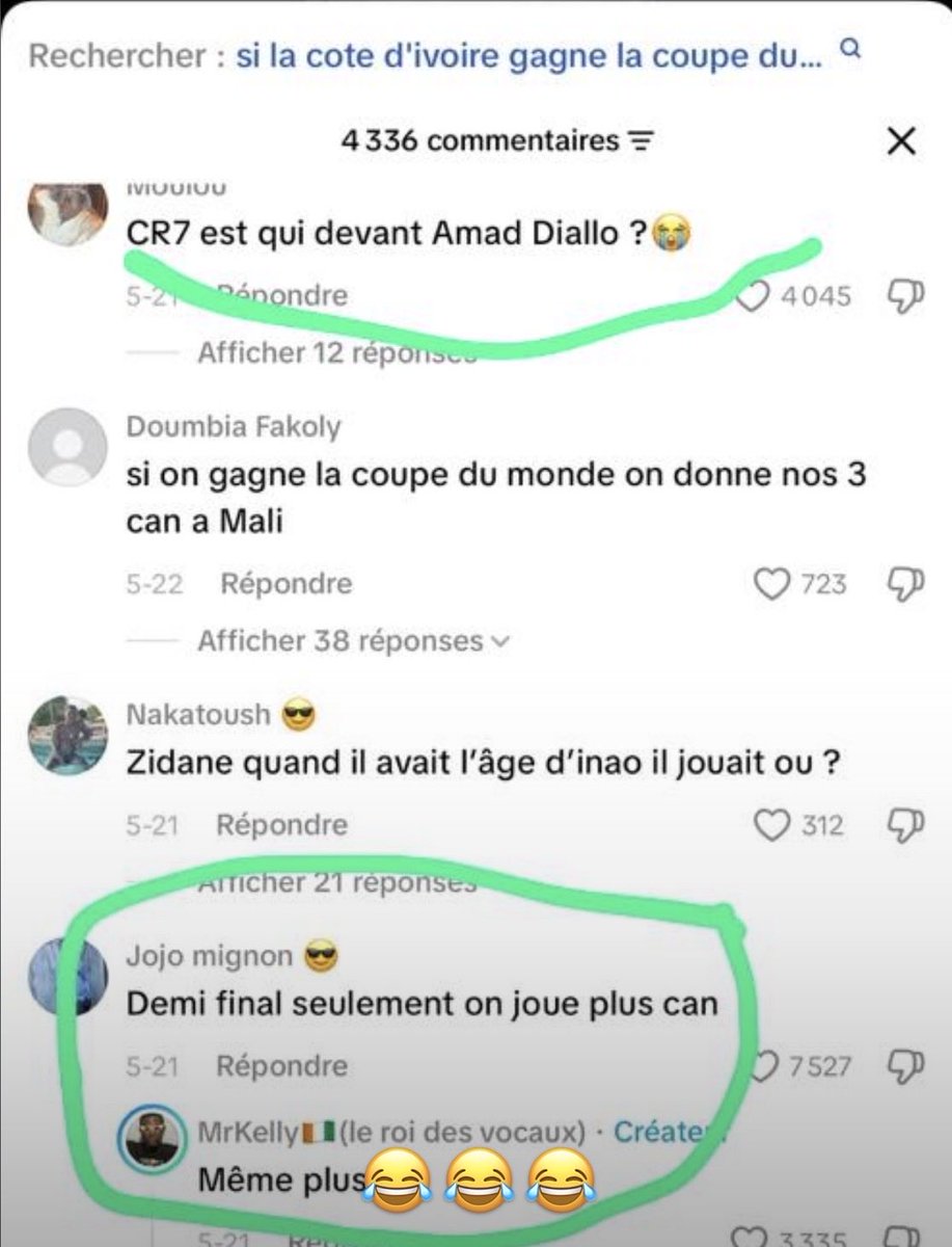 MoussaFall2437's tweet photo. Les commentaires sur Tik Tok des ivoiriens 🇨🇮🇨🇮🇨🇮
Nos voisins sont trop hilarants 🤣 
Si la Côte d'Ivoire 🇨🇮 gagne la coupe du monde 
"CR7 deviendra Amad Diallo "
"Un an de férié "
 "Drogba président FIFA"
Il faut vraiment être ivoirien pour le faire 😂 https://t.co/bv6m00bx9Q