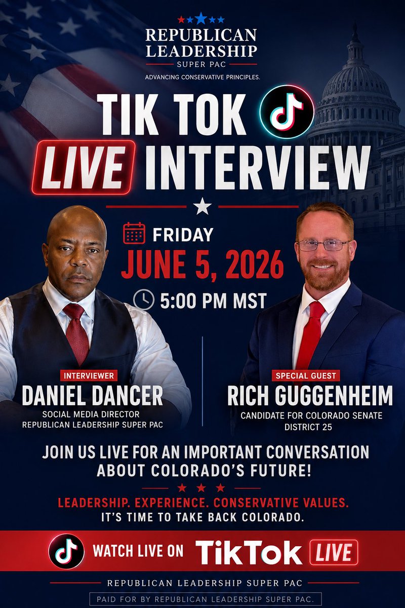 Republican2026's tweet photo. Join us for a Live with Rich Guggenheim, a Candidate for Colorado Senate District 25!  Don’t miss it!  🔥🔥🔥
@AnaEapllc  @FreeAsCanBeOG 
@SaltyBastardChi  @COUnfiltered https://t.co/RBj4uvJwi5