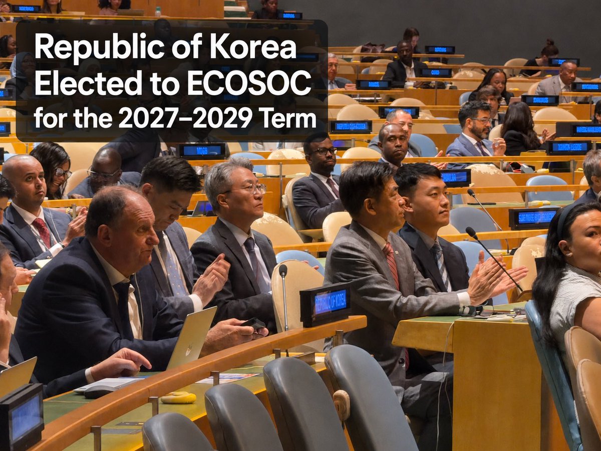 ROK_Mission's tweet photo. Back on ECOSOC — for the 11th time! 🇰🇷✨🎉

Amb. Jihoon Cha cast Korea’s vote at the UN General Assembly Hall on June 4 for the 2027–2029 ECOSOC elections. 🗳️🌐

Here’s to the next three years of Korea’s active contribution to sustainable development and international cooperation! 🌱🤝💙