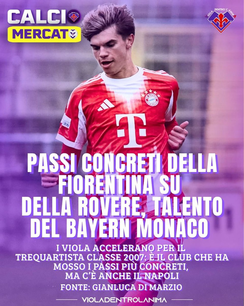 VDLA1926's tweet photo. La #Fiorentina guarda al futuro e punta uno dei giovani italiani più interessanti in circolazione. 
Nel mirino viola c’è Guido #DellaRovere, trequartista classe 2007 cresciuto nella #Cremonese e attualmente al #BayernMonaco. Dopo due anni in #Germania, il talento dell’Italia Under 19 potrebbe tornare in Serie A.
Secondo le ultime indiscrezioni di @DiMarzio , la Fiorentina lo segue da tempo ed è la società che finora ha compiuto i passi più concreti. Attenzione però alla concorrenza del #Napoli, che ha inserito il giocatore nella propria lista di obiettivi.
In questa stagione Della Rovere ha giocato principalmente con la seconda squadra del Bayern, accumulando anche esperienze in Youth League e diverse convocazioni con la prima squadra. 

#violadentrolanima #DellaRovere #BayernMonaco #Calciomercato #fiorentina