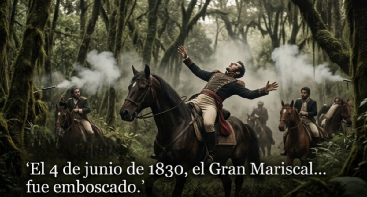 ezzio627's tweet photo. El 4 de junio de 1830, el Gran Mariscal de Ayacucho, Antonio José de Sucre, fue emboscado y asesinado en la selva de Berruecos. Un crimen que cambió la historia de Sudamérica. Pero, ¿quién dio la orden? Las pistas apuntan a una oscura red de cartas. 👇 https://t.co/dT2ZxT320S