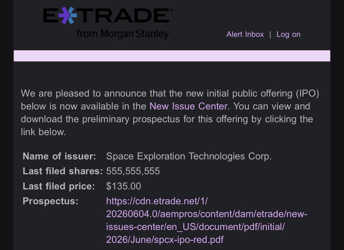 jaredmitovich's tweet photo. It’s official: SpaceX will offer 555,555,555 shares at a price of $135 per share in its IPO, per an email I just got from my brokerage https://t.co/GpsRCLVc00
