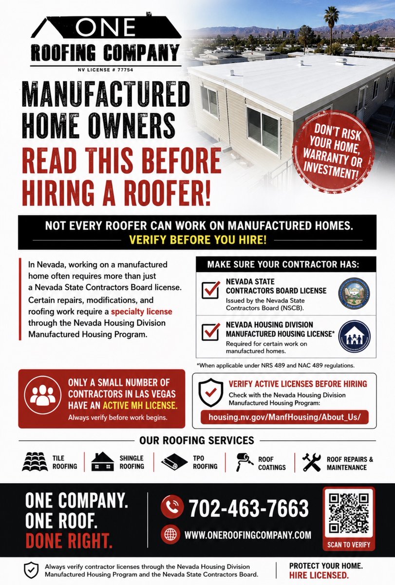 OneRoofingCo's tweet photo. Manufactured home owners: Not every roofing contractor is licensed to work on manufactured homes.

Verify active Manufactured Housing credentials before hiring a contractor. ✔️

#ManufacturedHousing #LasVegasRoofing #MobileHomeRoofing https://t.co/o1Ebl9wO5n