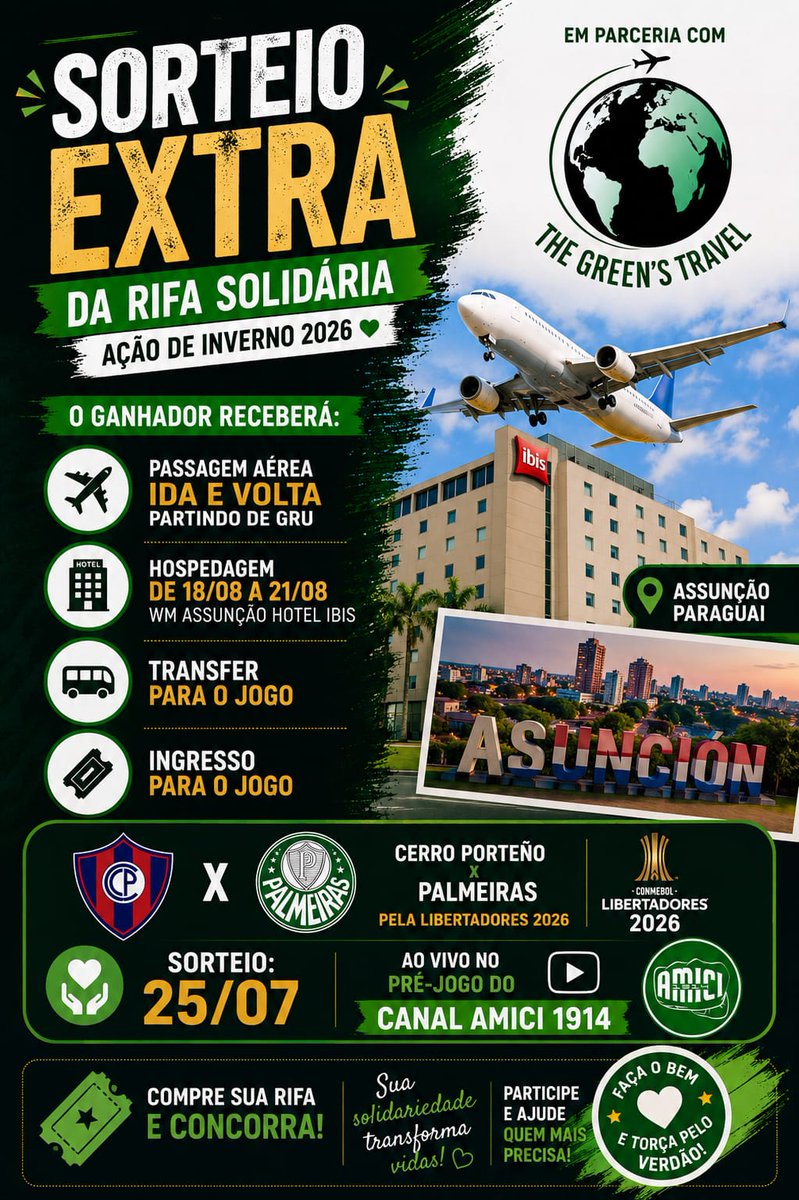 SERGIOSEPSEP2's tweet photo. VIAGEM AO PARAGUAI PARA VER O VERDÃO 🚨

A CHANCE D IR AO JOGO DE VERDÃO NO PARAGUAI  É AGORA. 

COM R$2,50 VC CONCORRE A VIAGEM E VARIOS OUTROS PRÊMIOS 
QIANTO MAIS NUMEROS MAIS CHANCES E MAIS VC ESTARA AJUDANDO NA AÇÃO QUE FAÇO 

ENTRA NA NO INSTAGRAM:  @ACAOSERGIOSEPSEP 

E ACESSE O LINK, NAO PERCA TEMPO 

EM PARCERIS COM A THE GREENS A AGÊNCIA DE VIAGEM QUE IRÁ TE LEVAR AO JOGO CERRO X PALMEIRAS