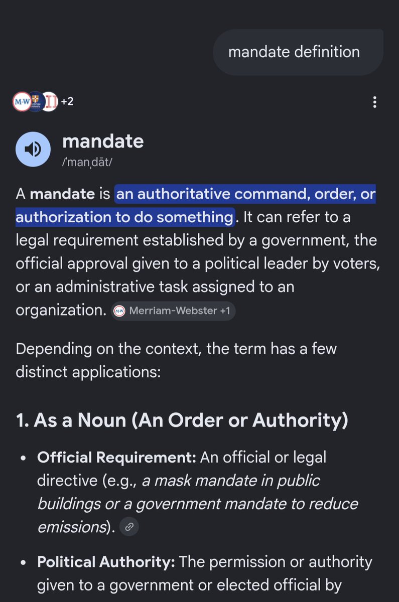 CalamariSteven's tweet photo. @espencer_85 @moraltreason @Bch4Life81 @VigilantFox Do you not understand the definition of mandate? It literally uses a mask mandate as an example... https://t.co/zOWfwCasPN