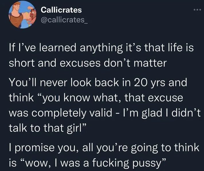 colejaczko's tweet photo. “What’s the advice you’d go back & give your 25 year old self?”

I’ll do you one better. These are the 2 pieces of advice that made me change my life at 25

They made me realize: “you’re just scared.” 

So I made a simple decision: “I’m not going to go thru life being a p**sy.” Haven’t looked back since 

Thanks to the legends @callicrates_ @SolBrah owe you boys mucho