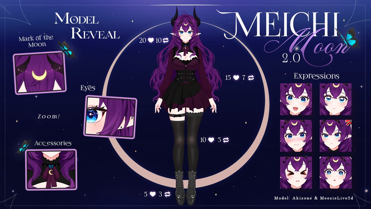 meichimoonvt's tweet photo. 【 𝑵𝒆𝒘 𝑴𝒐𝒅𝒆𝒍 𝑼𝒏𝒍𝒐𝒄𝒌 】🌙 𝑴𝒆𝒊 𝑻𝒔𝒖𝒌𝒊𝒏𝒐 2.0
¡Lo lograron, mis lunitas! Han desbloqueado por completo mi nueva apariencia 💜

Pronto tendremos la presentación de este modelo, quédense atentos a los próximos anuncios ✨ 

¡Este es mi regalo para ustedes por todo su apoyo! 🦋

#VTuber #PrismCustomizableModel #VTuberES