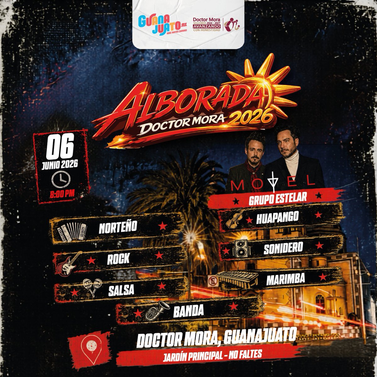 guanajuato's tweet photo. Hay que festejar en #DoctorMora la 𝐀𝐥𝐛𝐨𝐫𝐚𝐝𝐚 𝟐𝟎𝟐𝟔🎇✨ este próximo 06 de junio 🗓️con la mejor música ¡Habrá de todos los géneros! te esperamos en el jardín principal desde las 8 pm 🕐. https://t.co/gDRYwPyfRO