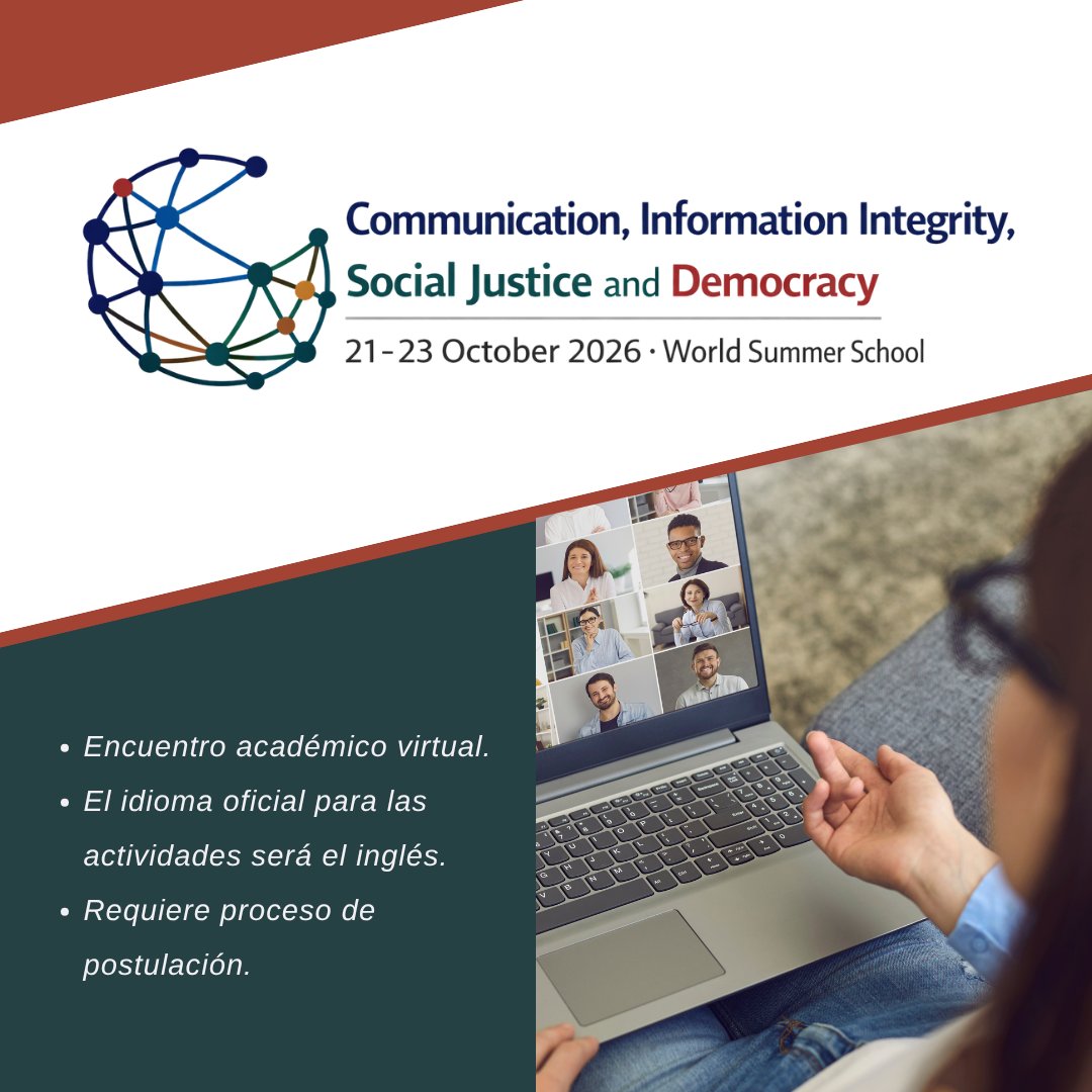 ciespal's tweet photo. #Recomendado | World Summer School “Communication, Information Integrity, Social Justice and Democracy” 

🗓️21 al 23 de octubre 2026
🖥️ Actividades virtuales y en inglés
✍️ Requiere inscripción para seleccionar los participantes

Más información: https://t.co/va4SAVg9Vb https://t.co/ifLsyks6tP
