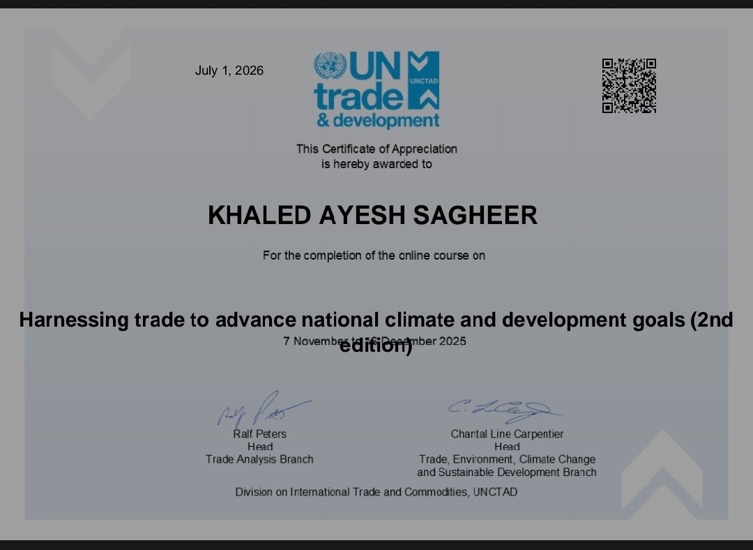 khaledaysh's tweet photo. Honored to receive a Certificate of Appreciation from UNCTAD for completing the online course 
“Harnessing Trade to Advance National Climate and Development Goals.”

@UNCTAD_ECDE
@
#UNCTAD #TradeAndDevelopment #ClimateAction #SustainableDevelopment #Yemen https://t.co/WIH4mKwOHX