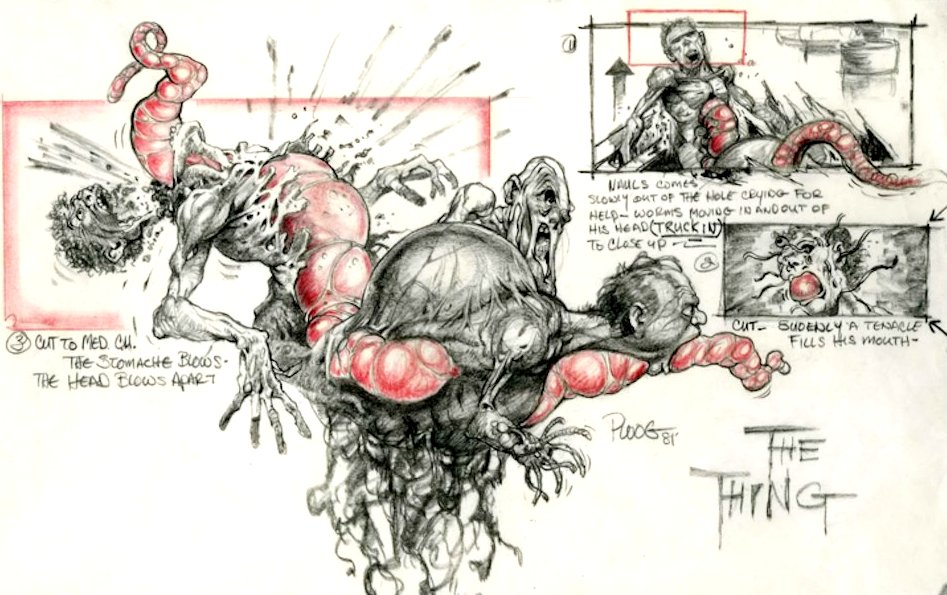 RetroReminiscer's tweet photo. Pre-production storyboard &amp; creature concept designs by legendary artist MIKE PLOOG for John Carpenter's sci-fi horror masterpiece THE THING (1982). https://t.co/oz2yaeak8C