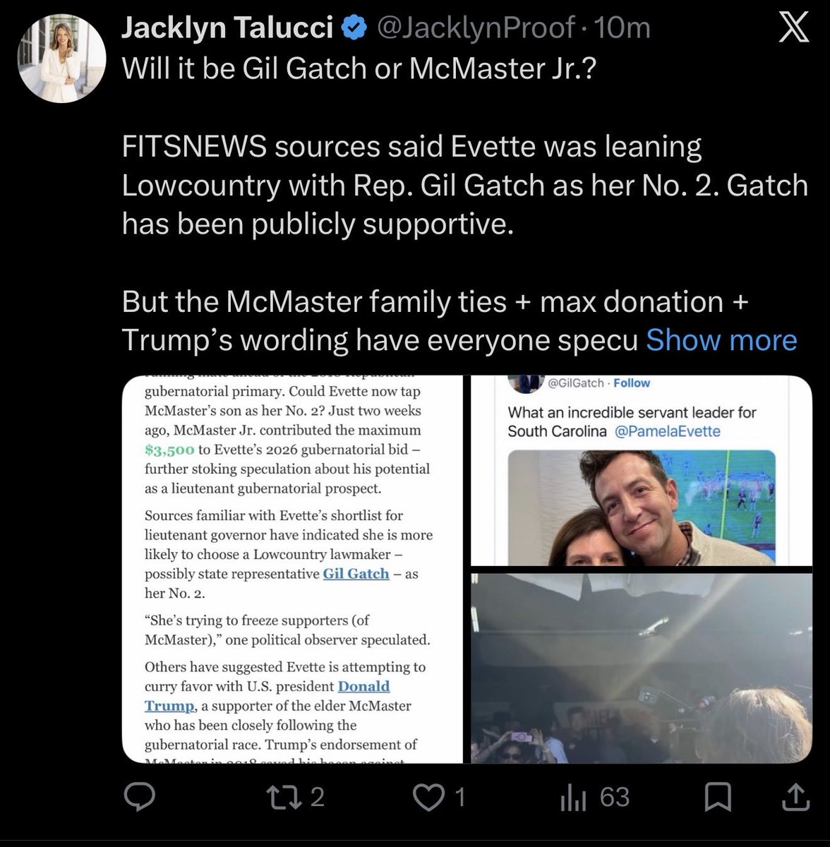 JacklynProof's tweet photo. Interesting… just hours ago Pam posted this thanking her ‘friend and supporter’ @GilGatch and immediately switched to ‘We’ will never bend the knee.
Team Gatch already? Or still the McMaster Jr. plan Trump name-checked?
SC voters deserve a clear answer before June 9 not mixed signals. 👀 @PamelaEvette ? 🥸🧐