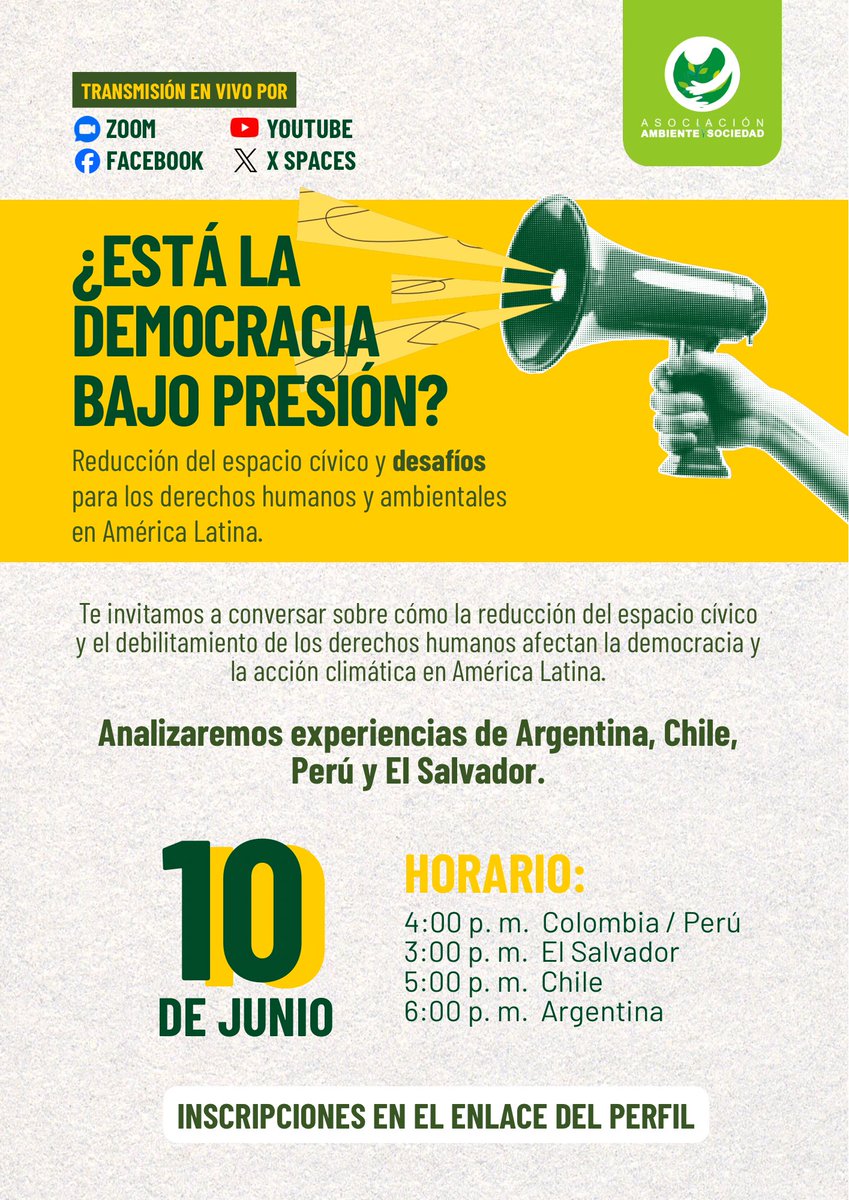 ambienteysoc's tweet photo. ¿Es posible una democracia sin derechos humanos? ¿Qué ocurre cuando se reducen los espacios de participación? 🌎 Acompáñanos en esta conversación sobre democracia, derechos humanos y acción climática en Chile 🇨🇱, Argentina 🇦🇷, El Salvador 🇸🇻 y Perú 🇵🇪. Porque proteger nuestros territorios también implica defender la participación ciudadana. ✊🌿

Inscripciones: https://t.co/E2NpCwjyI1