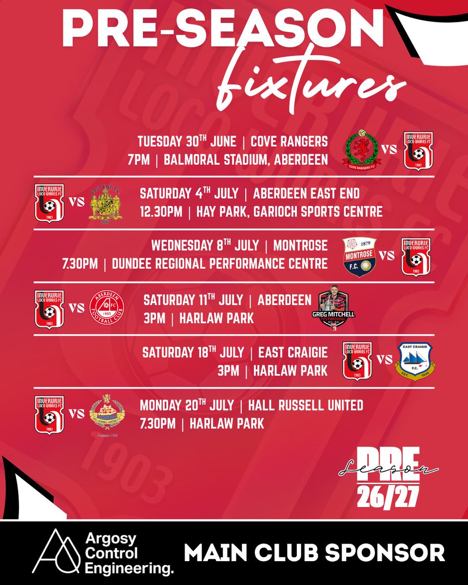 InverurieLocos's tweet photo. 𝗣𝗥𝗘-𝗦𝗘𝗔𝗦𝗢𝗡

Our Pre-Season schedule is locked in.

We travel to face @CoveRangersFC &amp; @MontroseFC, while @eastend_fc86472, @eastcraigiefc &amp; @HRUFC1968 vist us, along with @AberdeenFC who we welcome to Harlaw Park for Greg Mitchell's Testimonial Match.

#InverurieLocos🚂 https://t.co/stSu4983vS